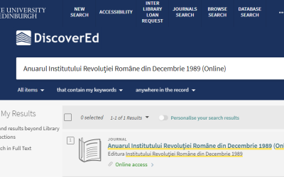 „Anuarul Institutului Revoluției Române din Decembrie 1989” a fost inclus în Catalogul Bibliotecii Universității din Edinburgh.
