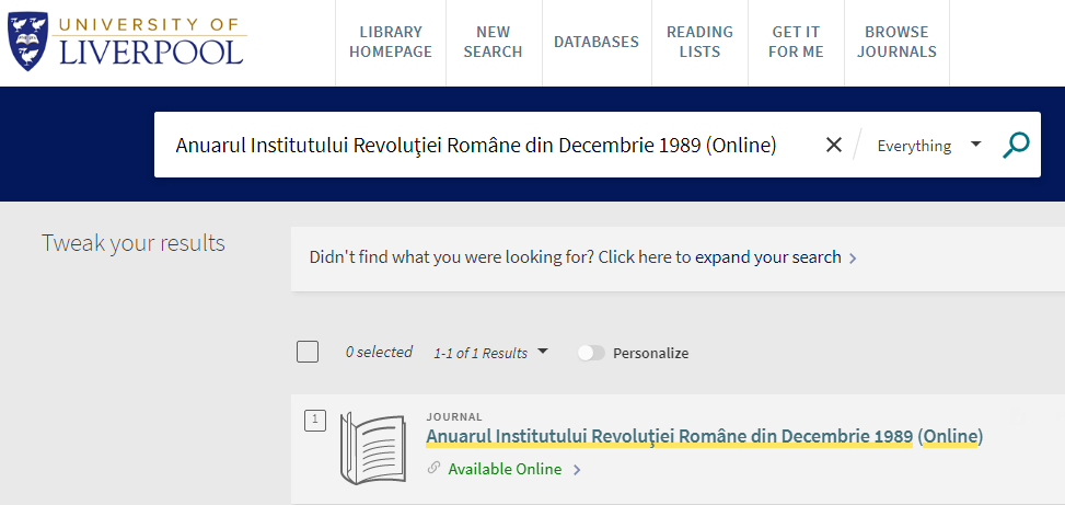 „Anuarul Institutului Revoluției Române din Decembrie 1989” a fost inclus în Catalogul Bibliotecii Universității din Liverpool – Regatul Unit