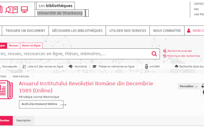Anuarul Institutului Revoluției Române din decembrie 1989 a fost inclus recent în Catalogul Bibliotecii Naționale și Universitare din Strasbourg