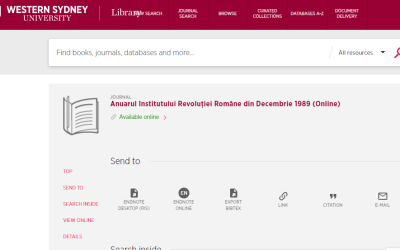 Anuarul Institutului Revoluției Române din Decembrie 1989 (ediție online) a fost inclus în Catalogul Bibliotecii Universității Western Sydney – Australia