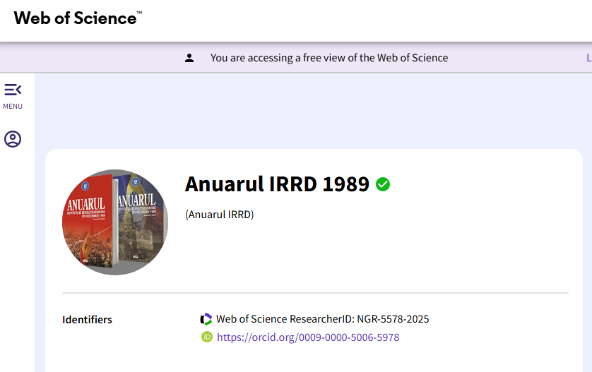 Rezultatele cercetării științifice publicate în „Anuarul Institutului Revoluției Române din Decembrie 1989” sunt disponibile pe platforma online Web of Science