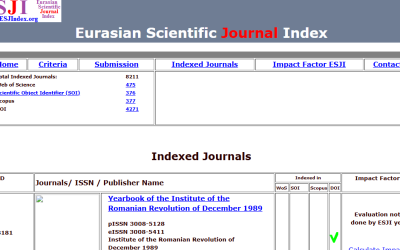 „Anuarul Institutului Revoluției Române din Decembrie 1989” a fost evaluat cu succes de Eurasian Scientific Journal Index