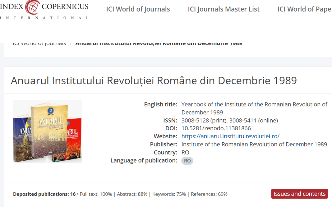 Evaluare pozitivă a Anuarul Institutului Revoluției de către ICI Journals Master List database