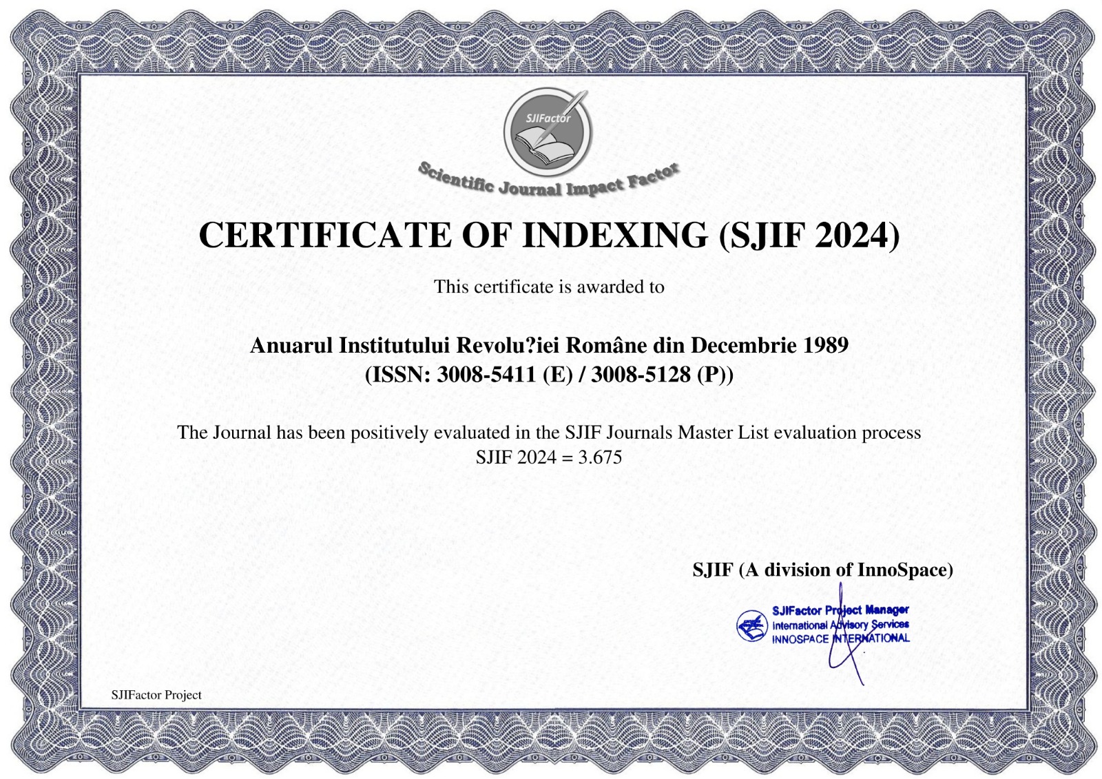 Certificat indexareANUAR IRRD1989