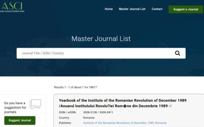 Anuarul Institutului Revoluției Române din Decembrie 1989 a fost acceptat pentru indexare în prestigioasa bază de date internaționale Asian Science Citation Index